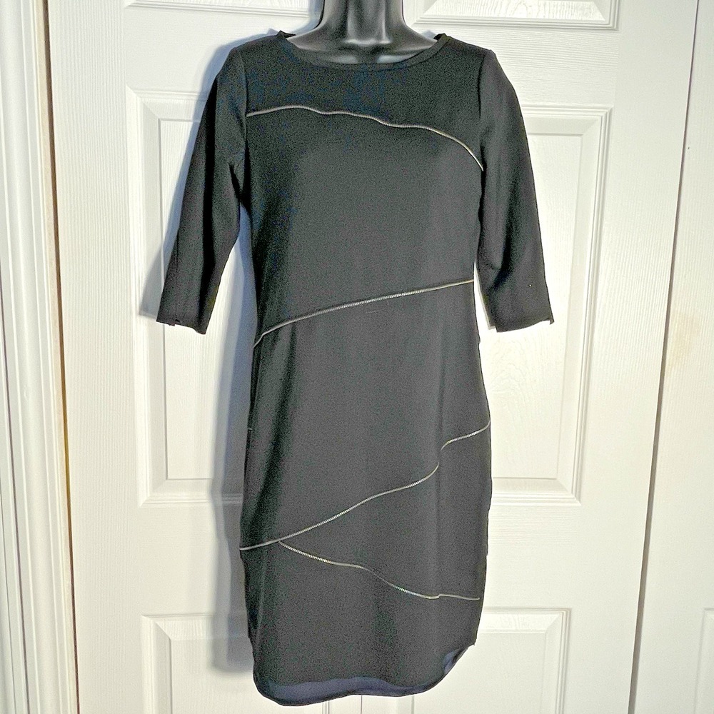 Elie Tahari Dress Women 4 Black Diagonal Zipper‎ Details Half Sleeve Back Zipper